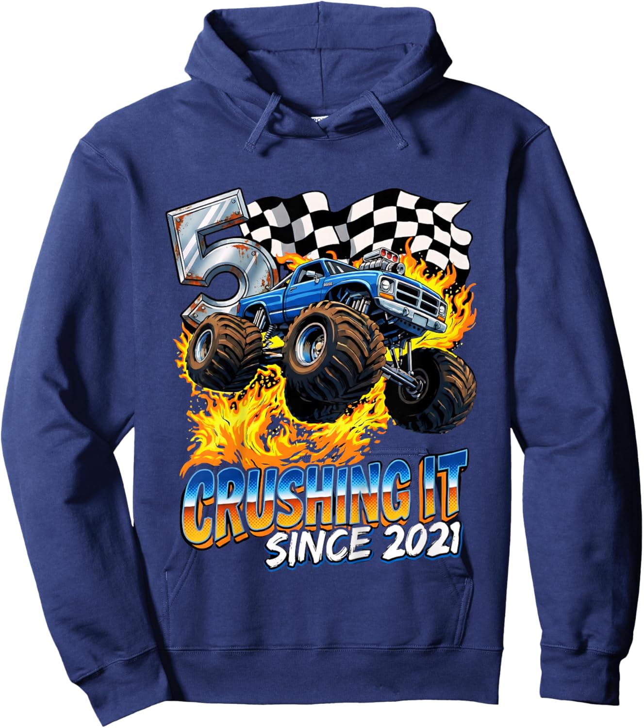 Kids Birthday Monster Truck Boys 5 Crushing It Since 2021 Hoodie - Hoodie | Navy