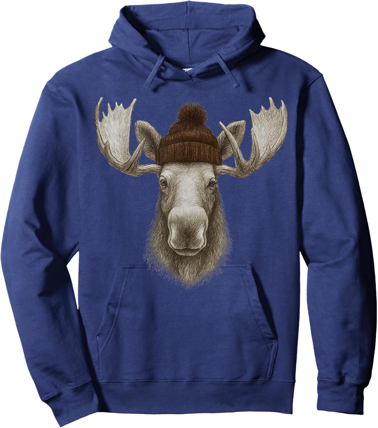 Retro 90s Cute Moose Wearing Beanie Mountain Camping Hiking Hoodie - Hoodie | Navy