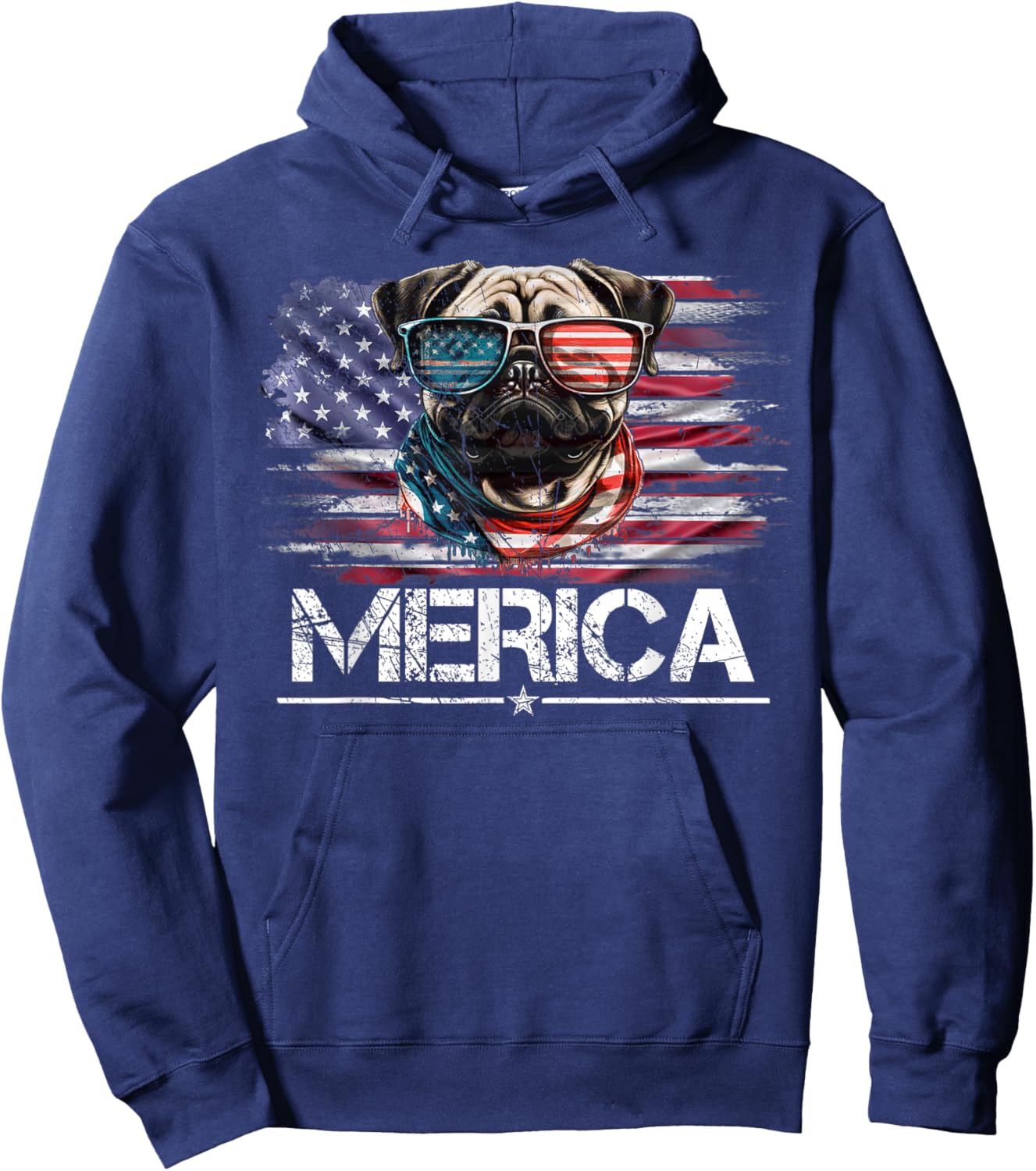 Vintage Pug Dog, Merica Pug Dog USA Flag Funny Women Kids Men Hoodie - Hoodie | Navy