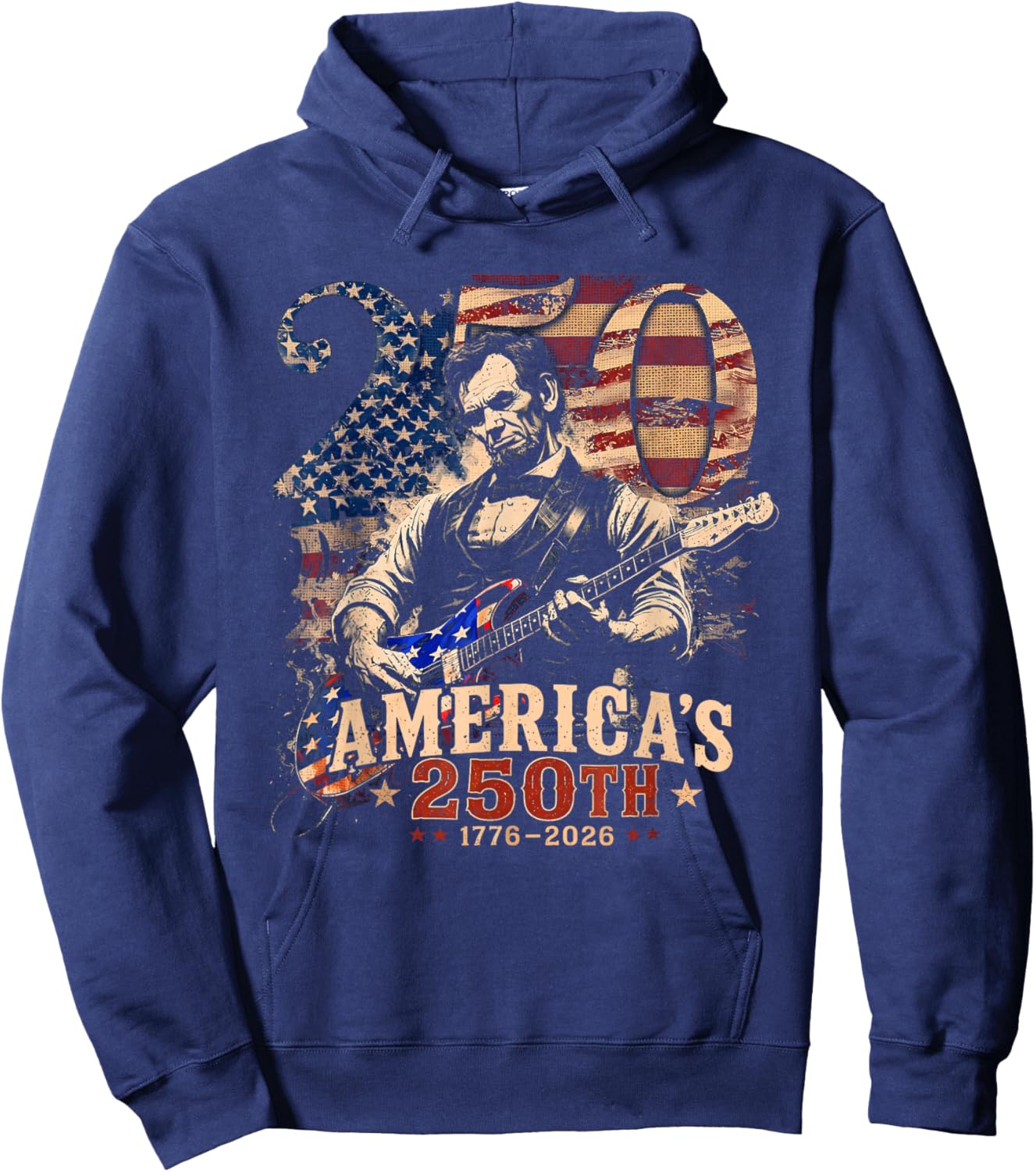America's 250th Abraham Lincoln Playing Guitar Retro Vintage Hoodie - Hoodie | Navy