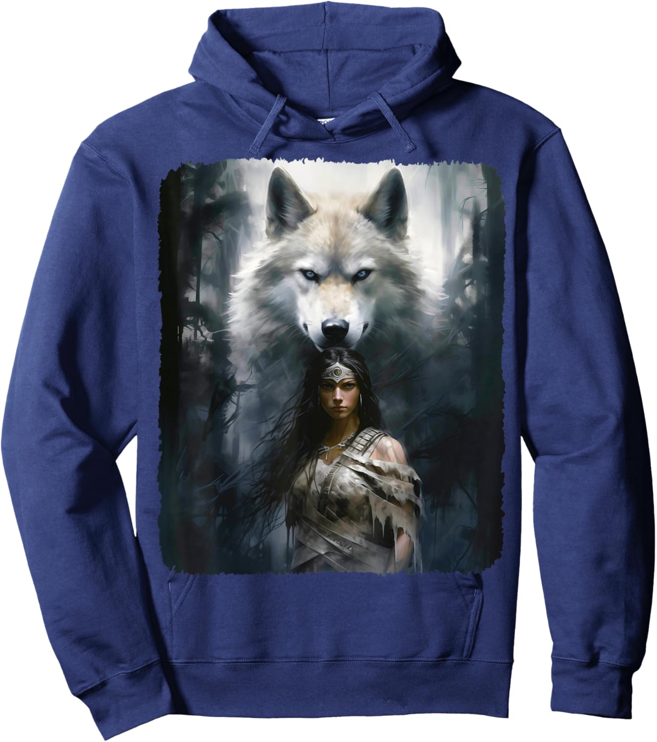 Warrior Woman with a White Wolf Fantasy Hoodie - Hoodie | Navy