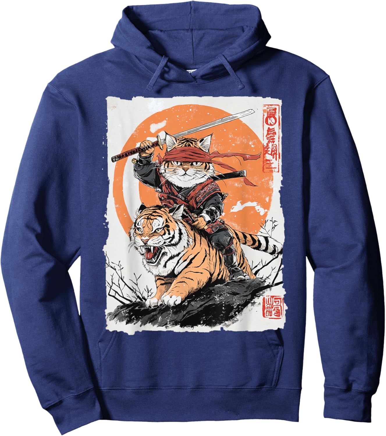 Ninja Cat Riding Tiger - Japanese Samurai Art Vintage Style Women Kids Hoodie - Hoodie | Navy