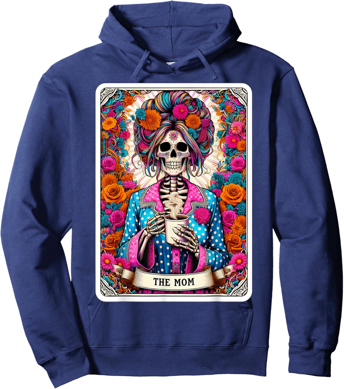The Mom Tarot Card Women Skeleton Coffee Messy Bun Mama Mum Hoodie - Hoodie | Navy