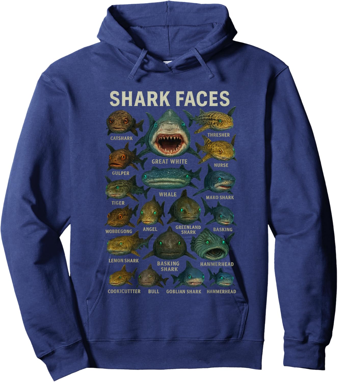 Shark Faces Type of Shark Shark Faces of All Kinds Hoodie - Hoodie | Navy