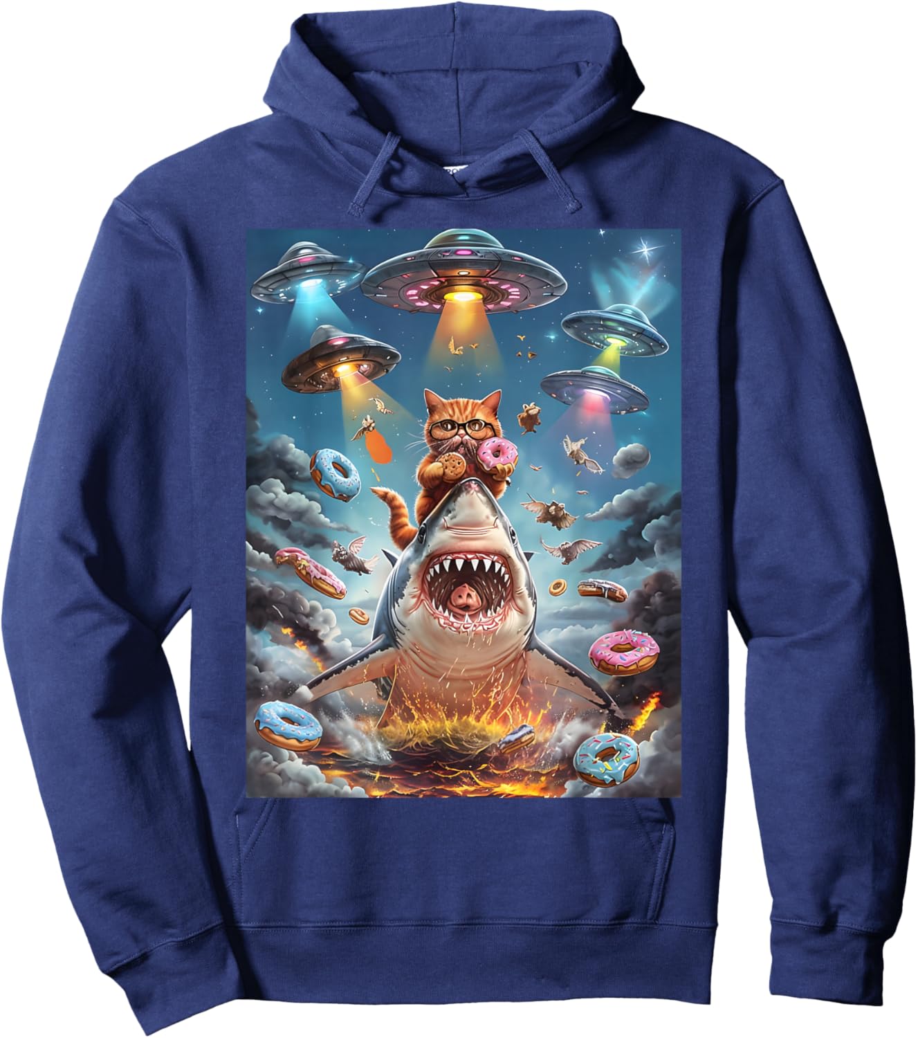 Funny Cat Riding Fire Breathing Shark Rainbow Birthday Kids Hoodie - Hoodie | Navy