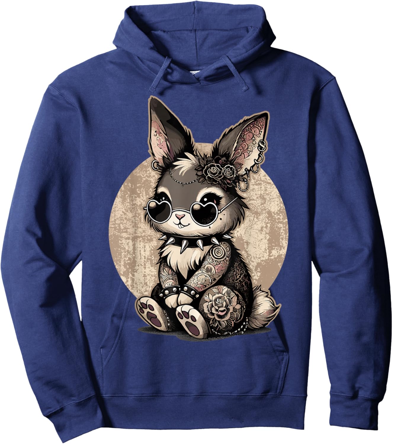 Gothic Bunny with Tattoos & Spiked Collar Hoodie - Hoodie | Navy