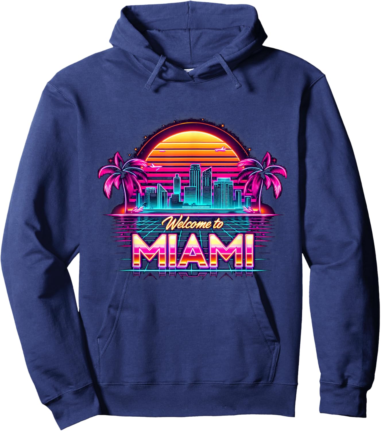 Miami Vibes Apparel Co. Skyline der Urlaubsstadt Miami Beach im Retro-Stil bei Sonnenuntergang in Schwarz, , Kurzarm, , Small Hoodie - Hoodie | Navy