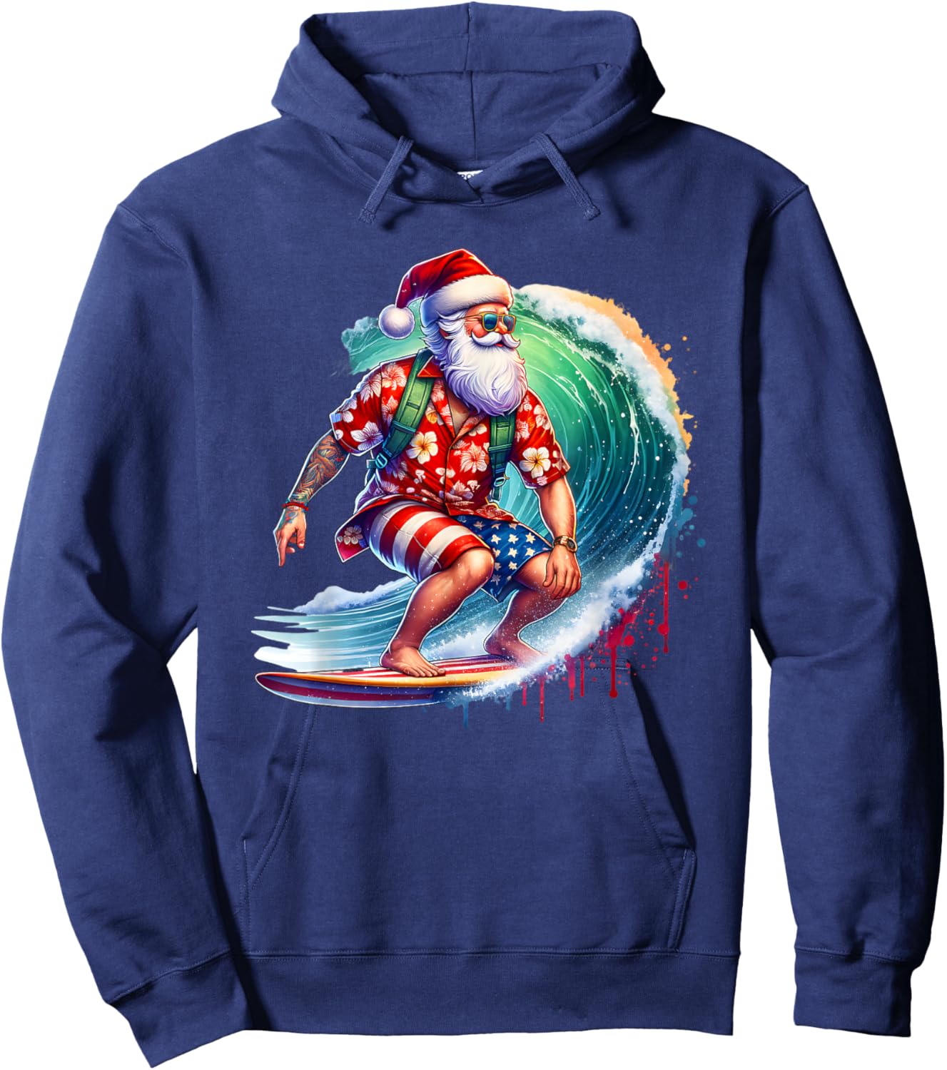 Surfing Santa Claus Christmas in July Beach Summer Vacation Men Women Kids Hoodie - Hoodie | Navy