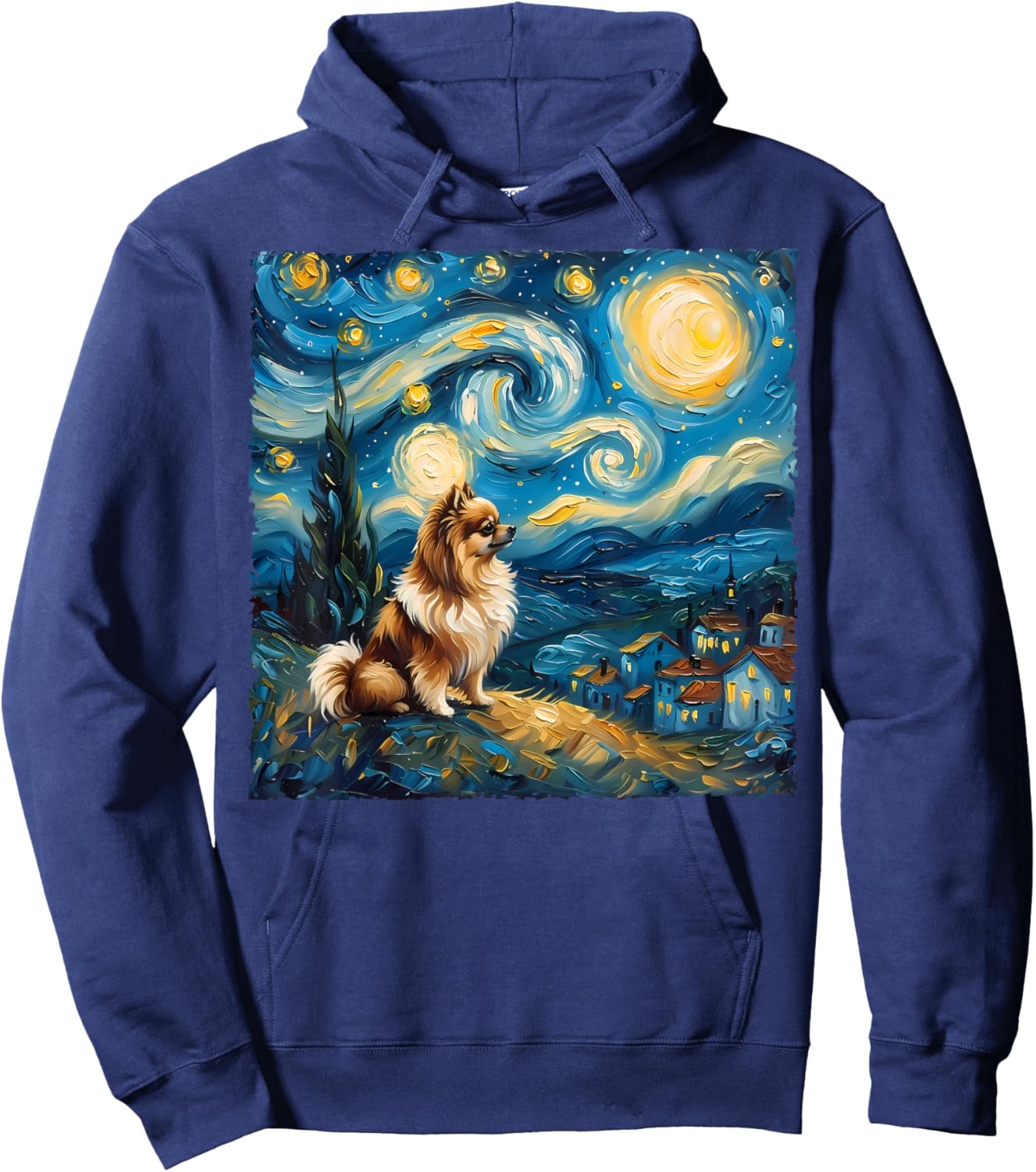 Pomeranian Dog Lovers Starry Night Van Gogh Style Painting Hoodie - Hoodie | Navy