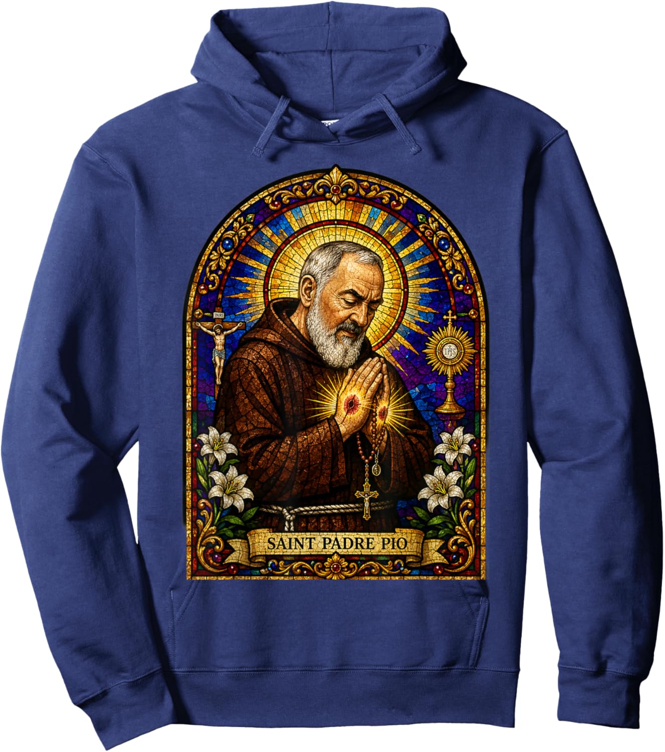 Saint Padre Pio Catholic Devotional Gothic Mosaic Icon Art Hoodie - Hoodie | Navy
