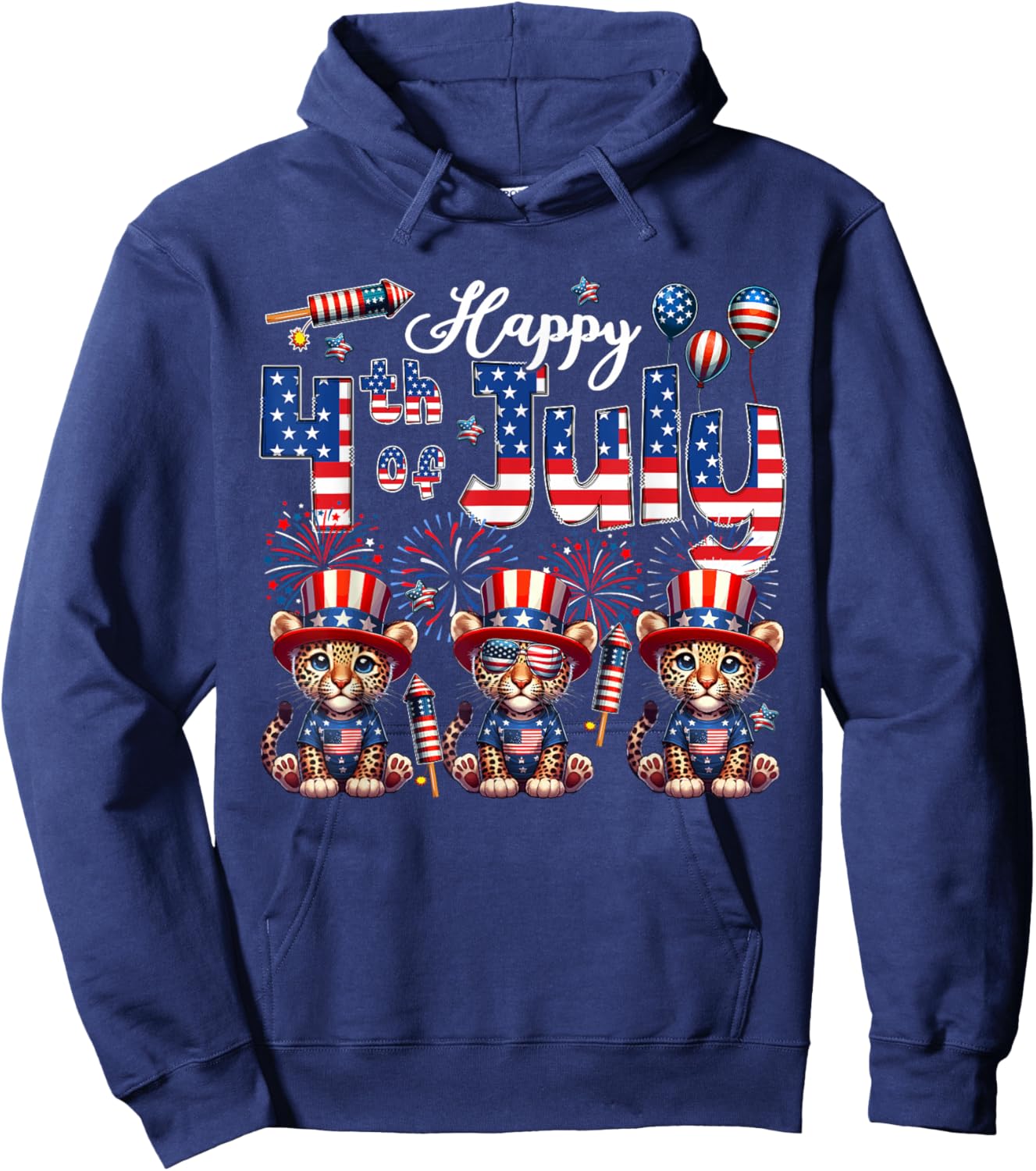 Happy 4th Of July Three Cute Leopards Sunglasses Flag Proud Hoodie - Hoodie | Navy
