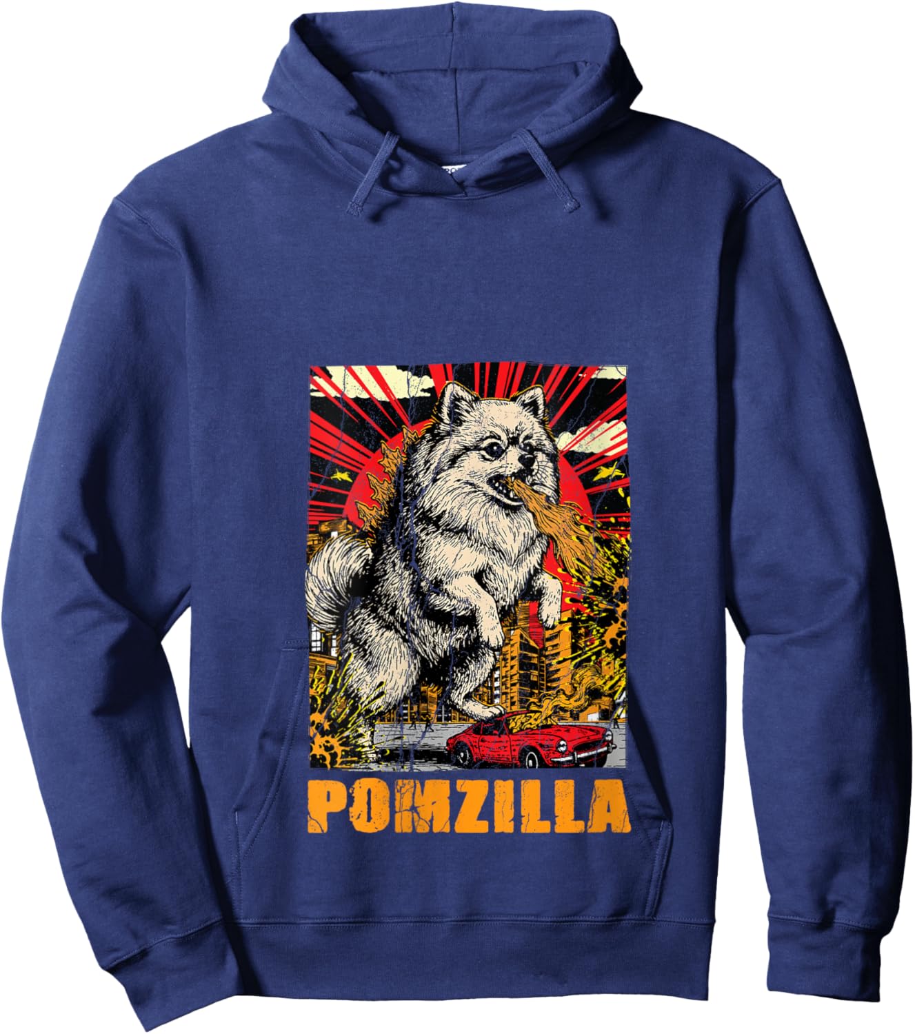 Women's Vintage Pomeranian Dog Lover Pomzilla Pom Japanese Monster V-Neck Hoodie - Hoodie | Navy