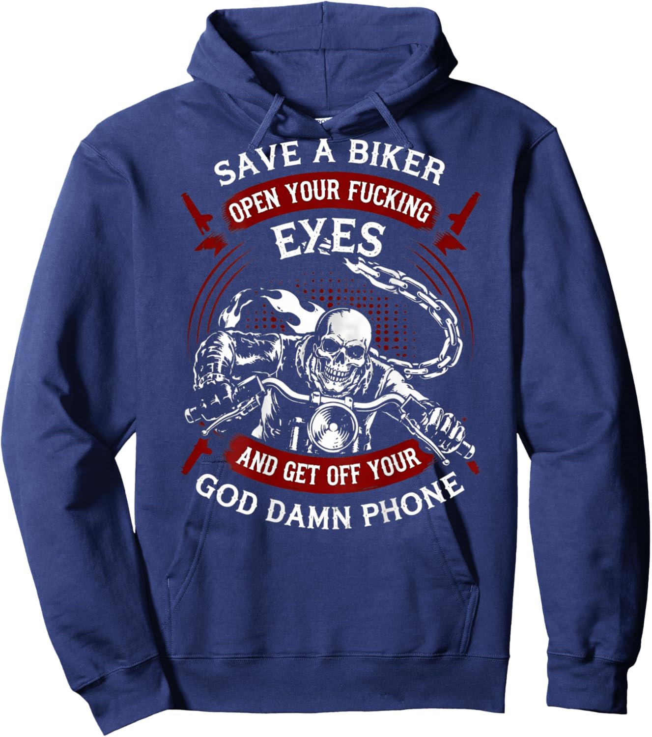 Save A Biker Open Your Eyes Get Off Your Phone Skull (Back) Hoodie - Hoodie | Navy