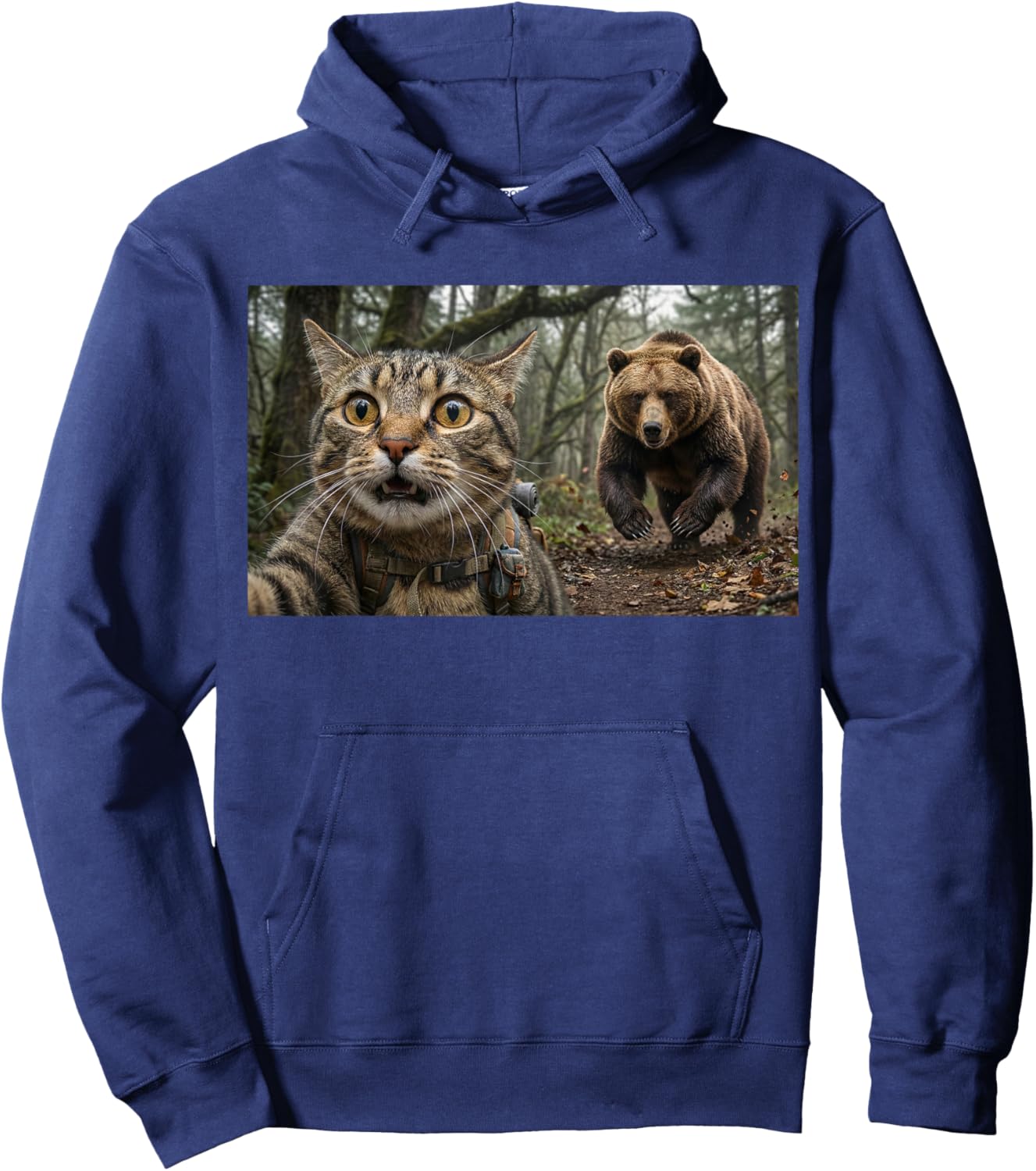 Funny Hiking Cat Selfie with Chasing Grizzly Bear Outdoor Hoodie - Hoodie | Navy
