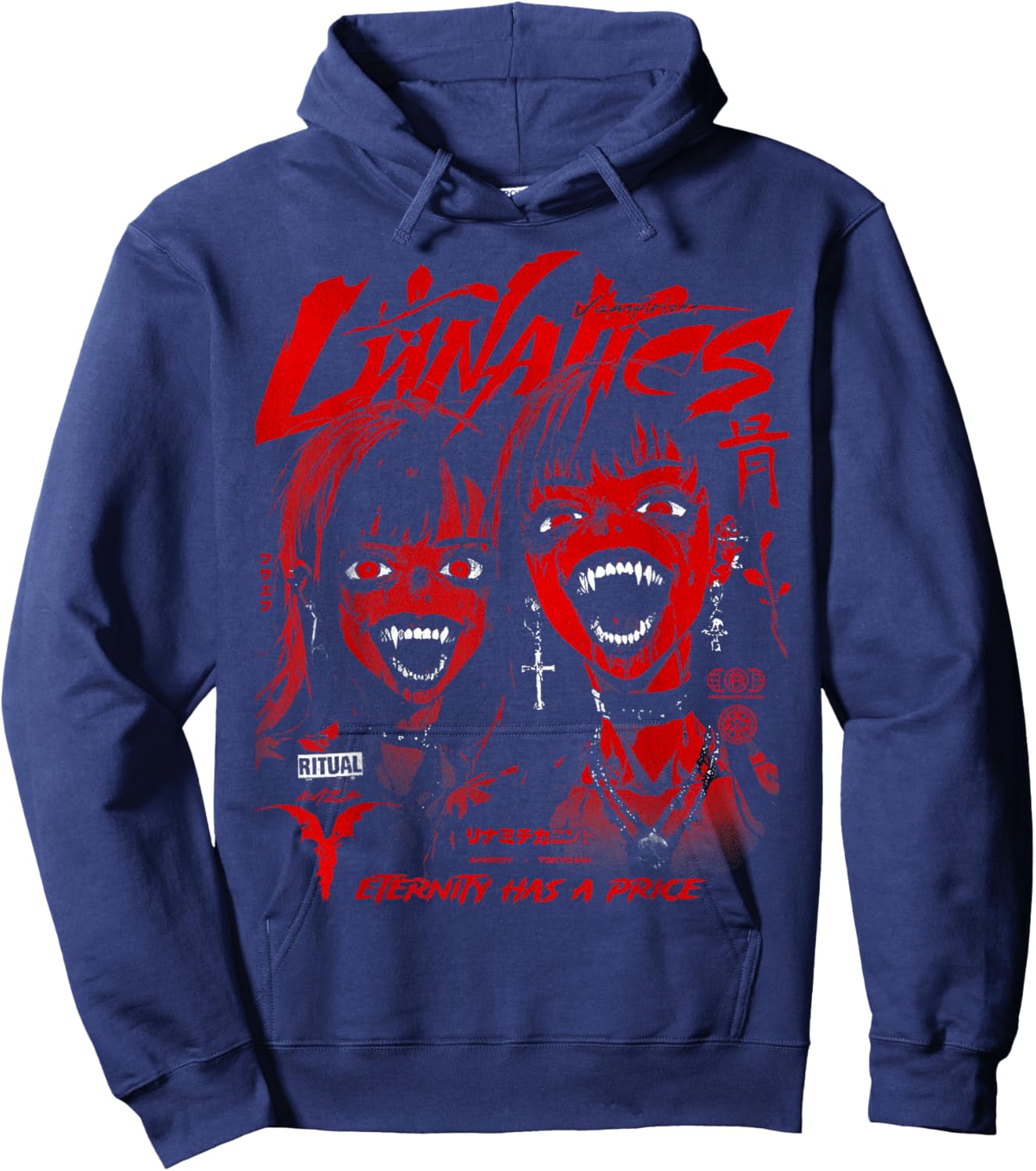 Creepy Manga Horror Gothic Anime Japanese Goth Y2K Vampire Hoodie - Hoodie | Navy