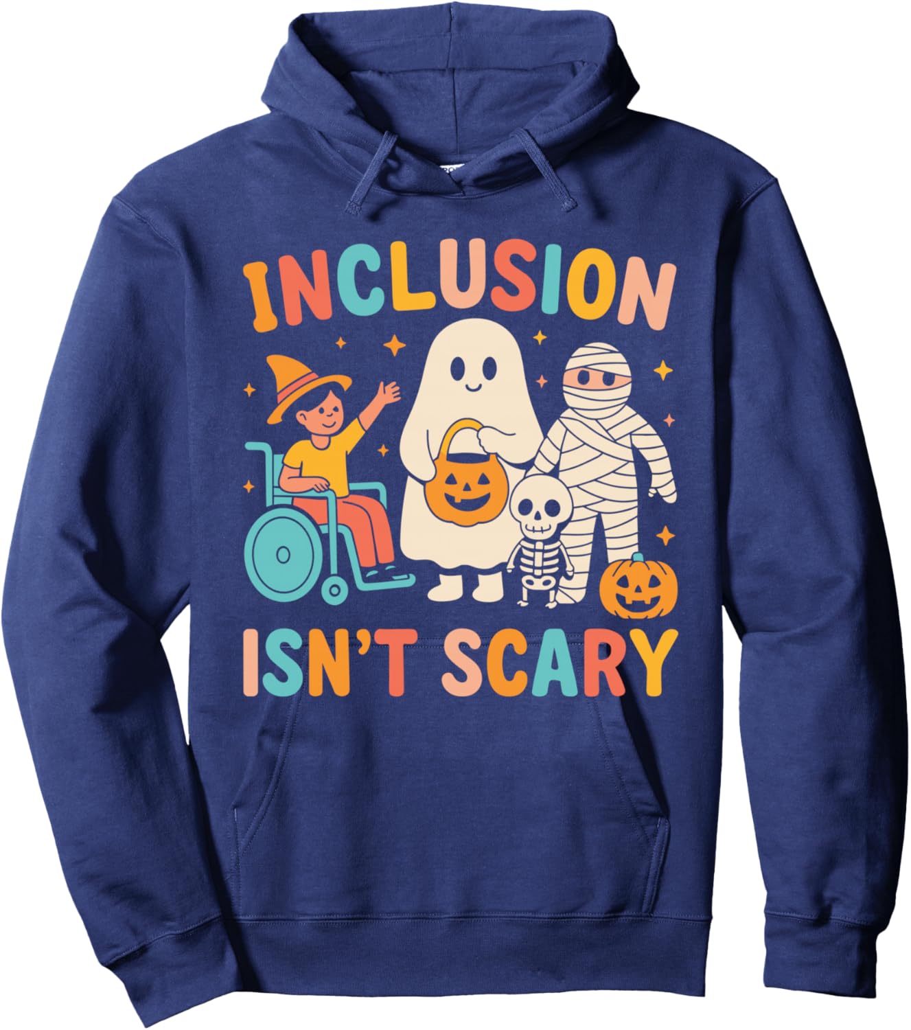 Inclusion Isn't Scary Teacher Skeleton Ghost Cute Halloween Hoodie - Hoodie | Navy