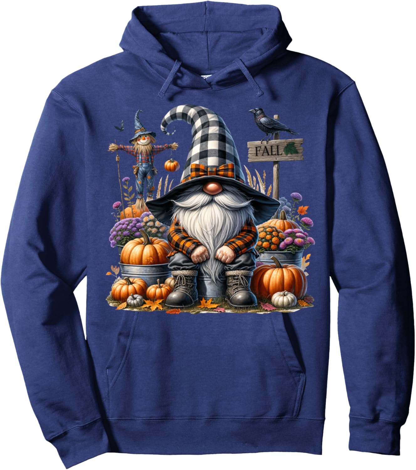 Floral Autumn Gnome With Scarecrow Raven And Fall Pumpkins Hoodie - Hoodie | Navy