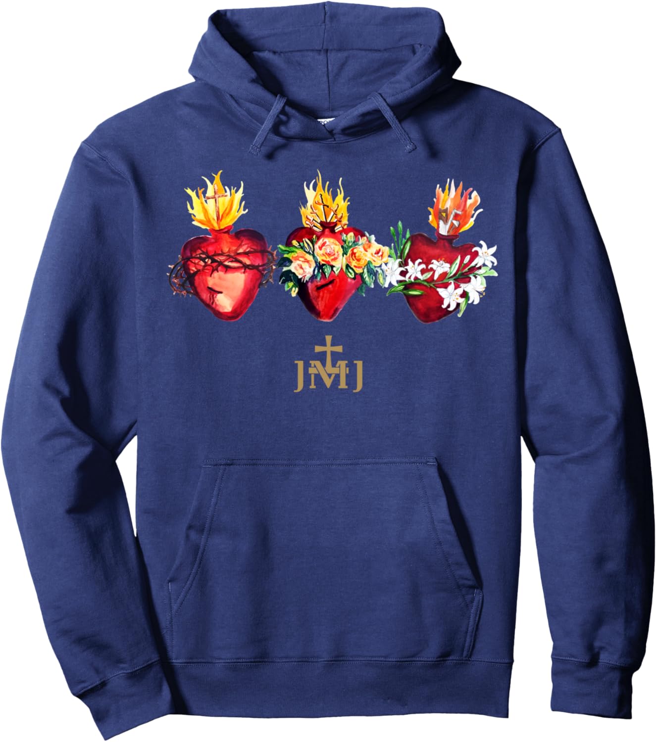 Three Sacred Hearts of Jesus Mary Joseph JMJ Catholic Hoodie - Hoodie | Navy