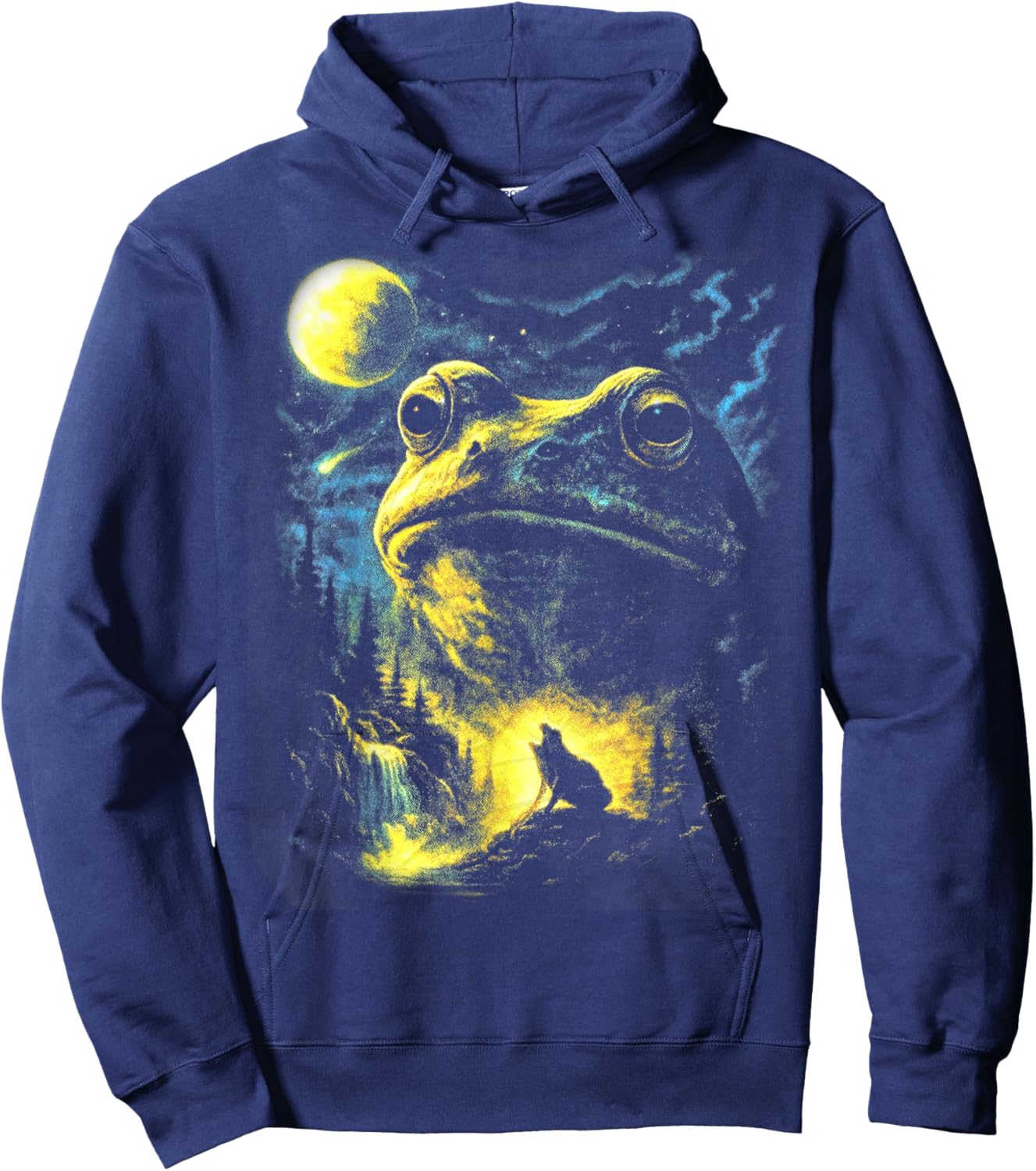 Retro Frog and Wolf Nature Scene, Full Moon Forest Lover Hoodie - Hoodie | Navy