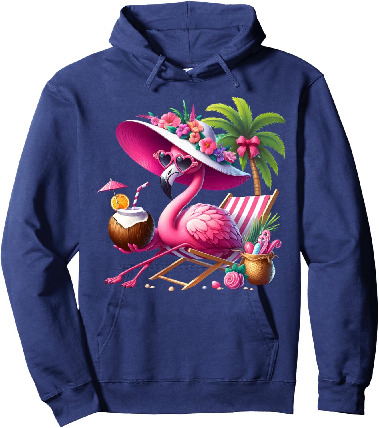 Flamingo Pink Palm Tree Tropical Beach Summer Vacation Women Hoodie - Hoodie | Navy