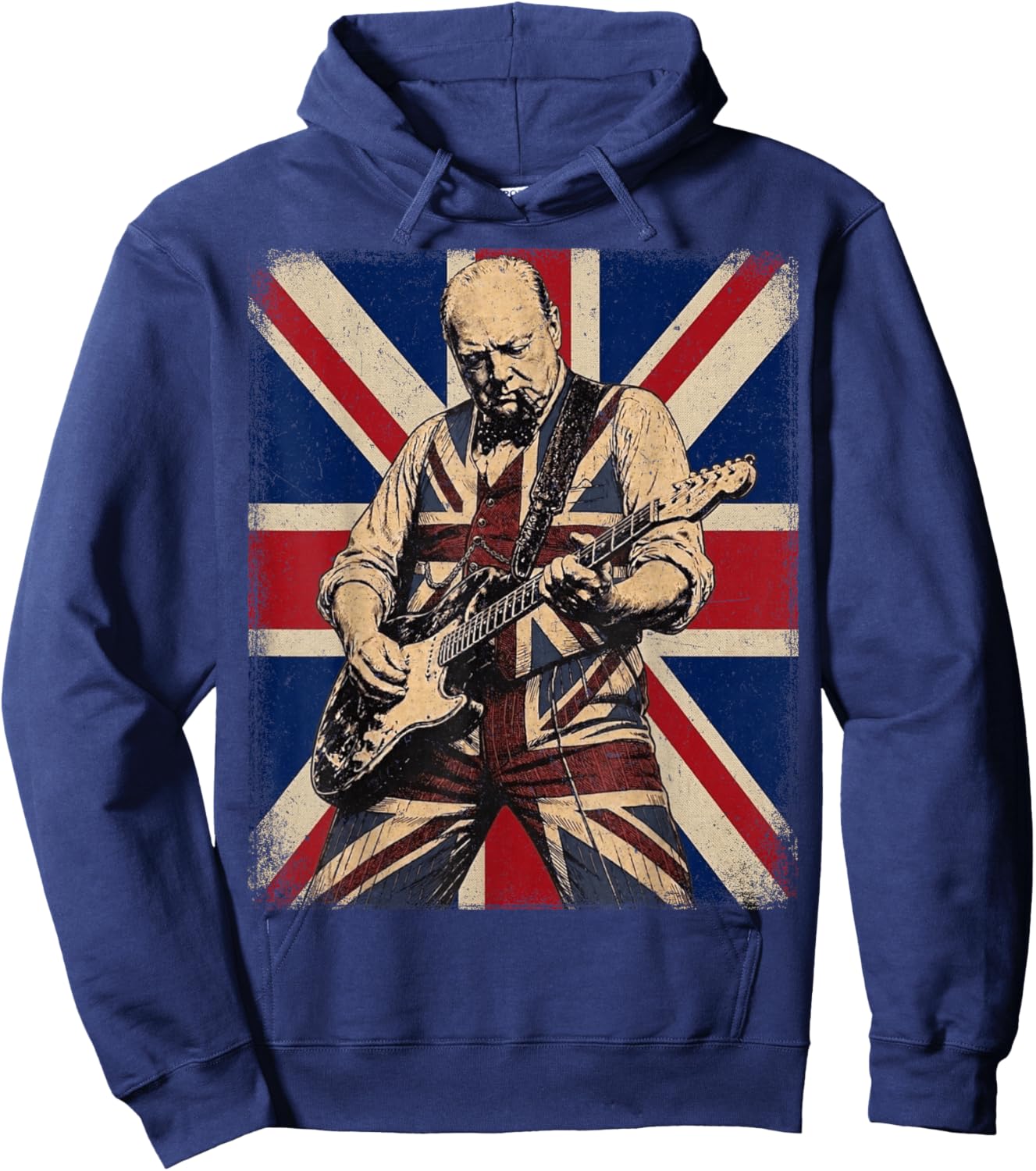 Drapeau Britannique Vintage Boss Winston Churchill Jouant de la Guitare Hoodie - Hoodie | Navy