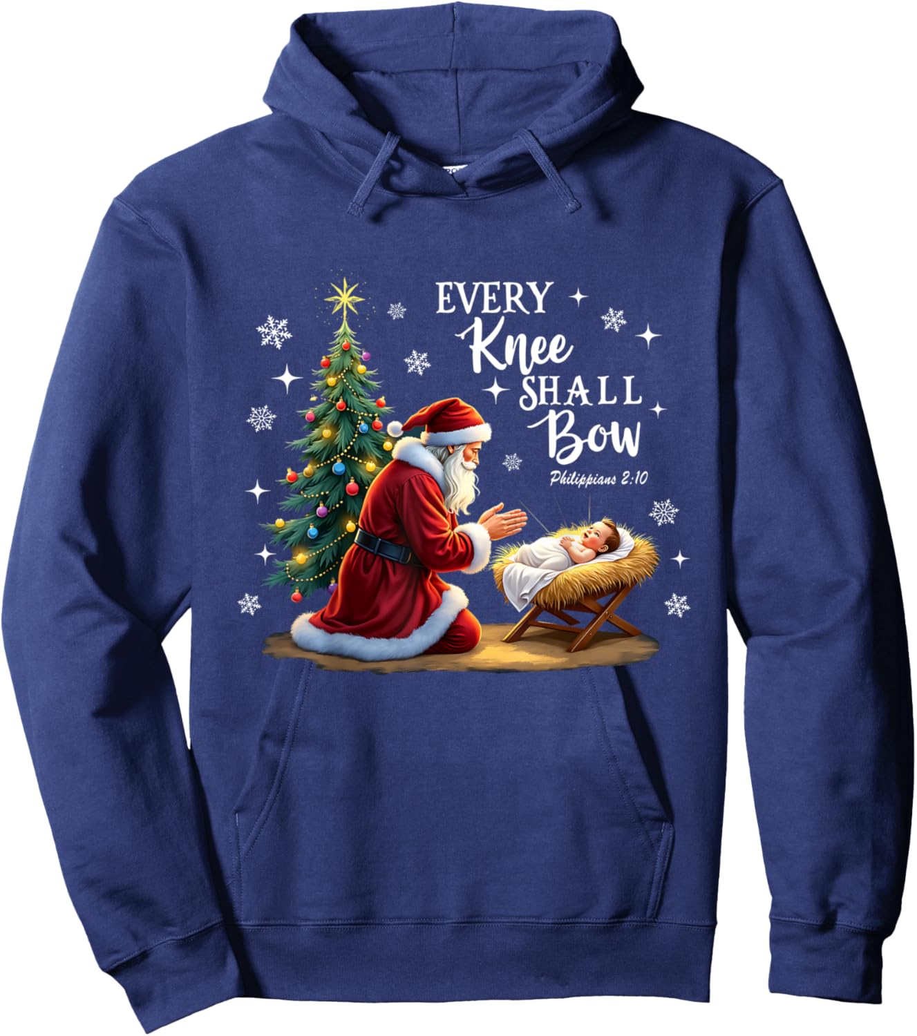 Every Knee Shall Bow, Manger Scene, Kneeling Santa Christmas Hoodie - Hoodie | Navy