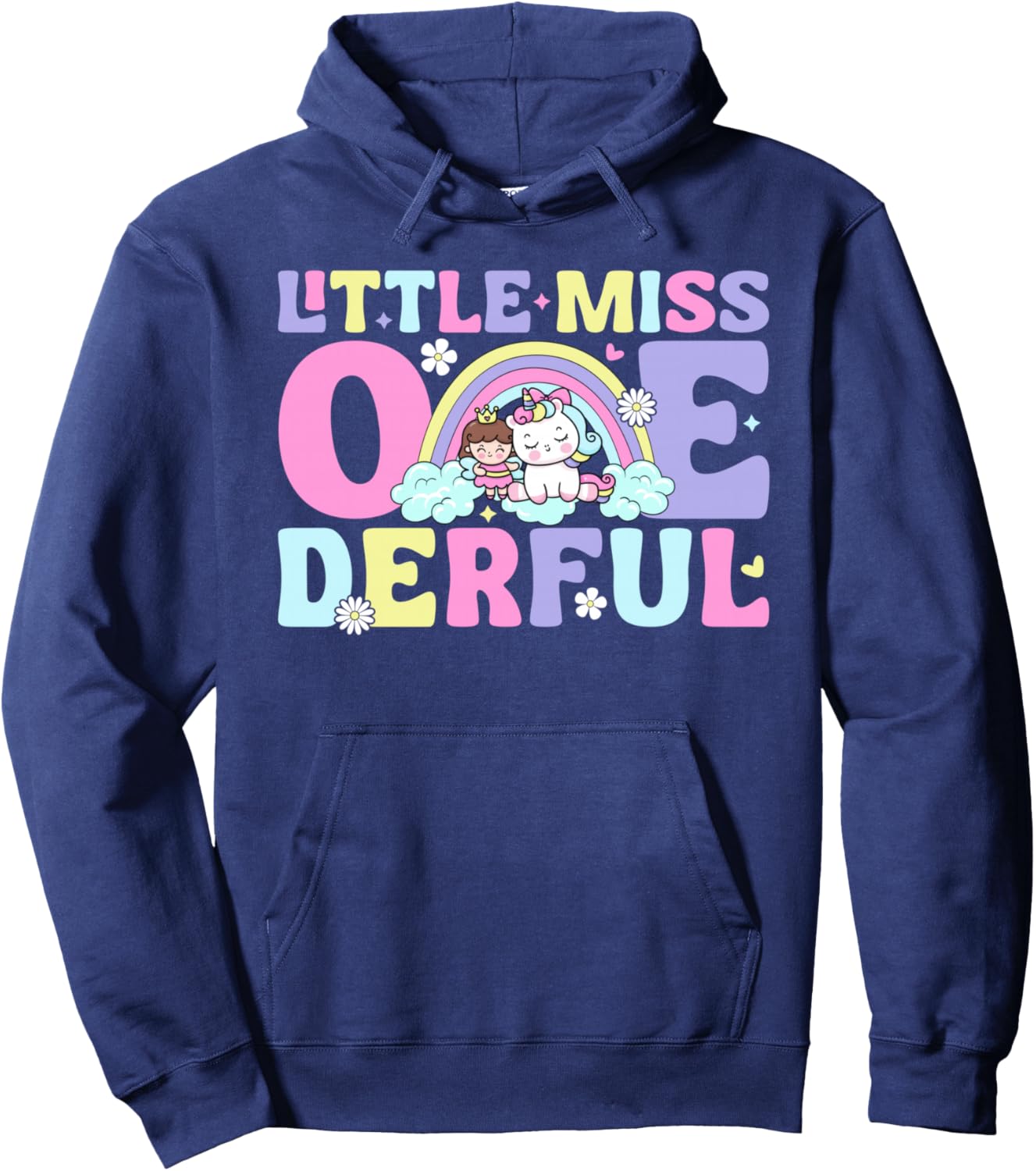 Little Miss Onederful Cute Rainbow Unicorn 1st Birthday Girl Hoodie - Hoodie | Navy