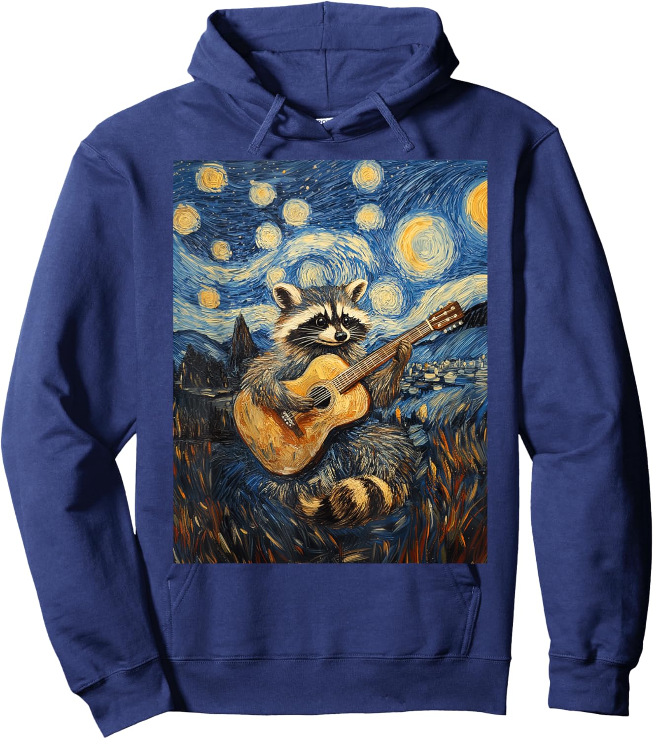 Funny Raccoon Play Guitar Guitarist Starry Night Van Gogh Hoodie - Hoodie | Navy