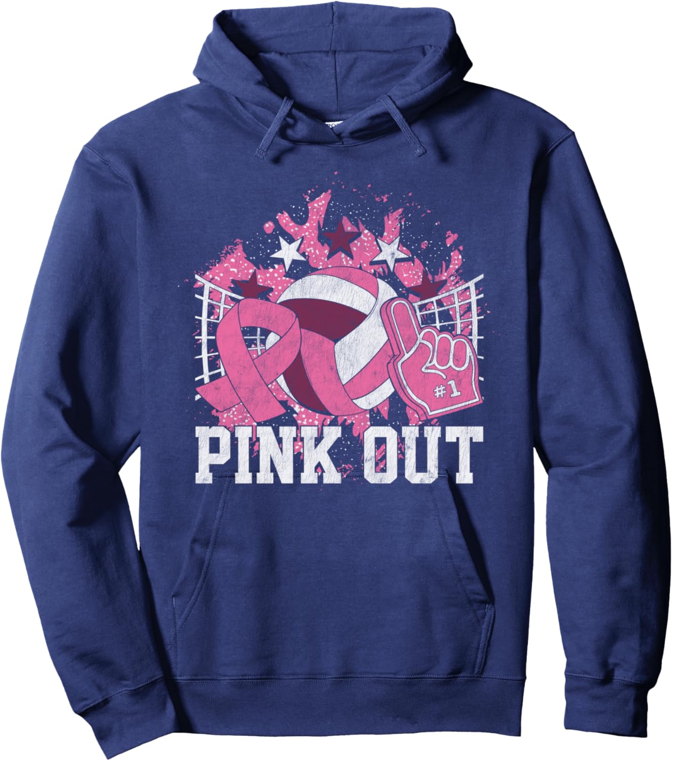 Pink Out Volleyball Ribbon Breast Cancer Awareness Hoodie - Hoodie | Navy