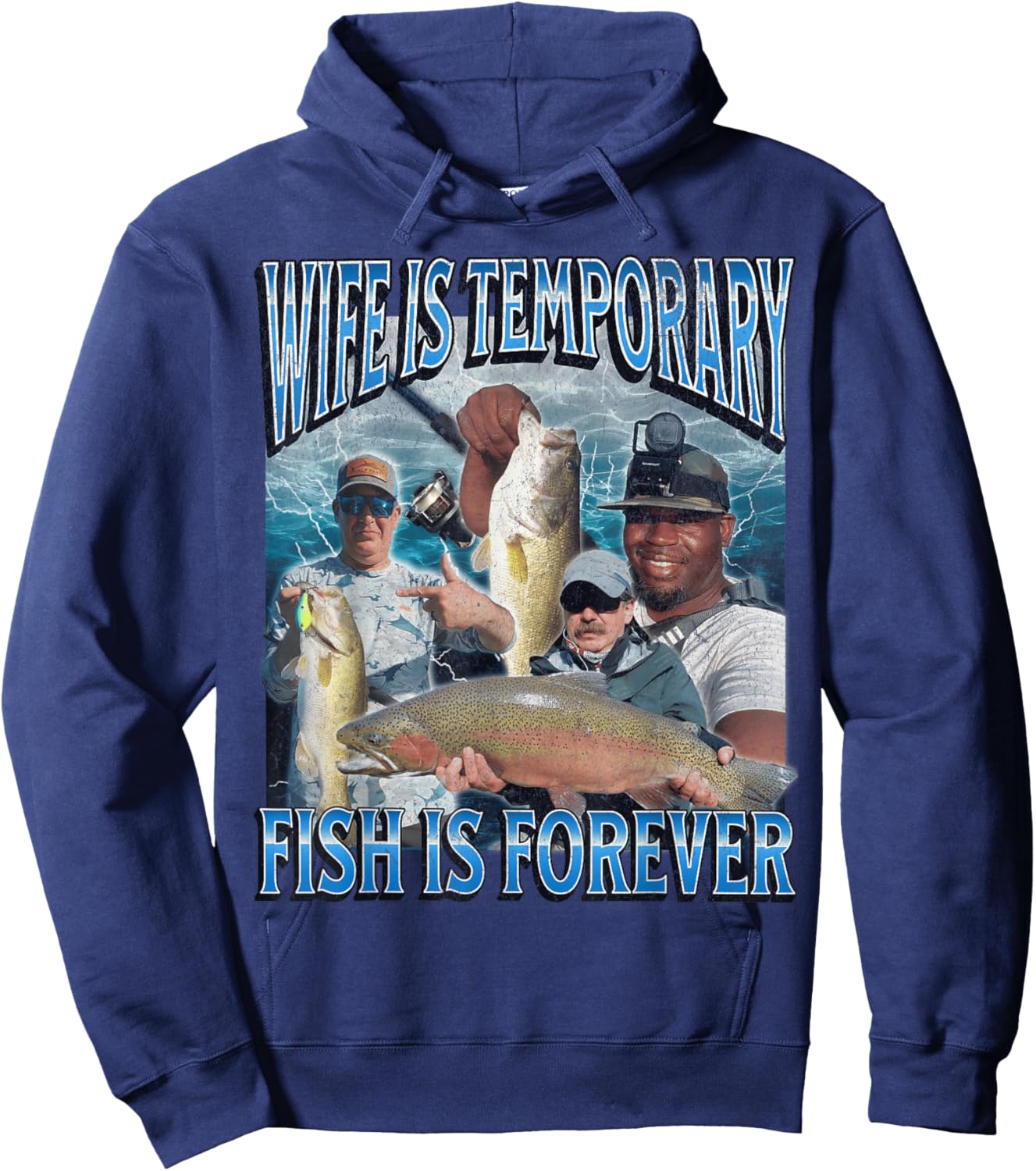 Wife Is Temporary Fish Is Forever Funny Fishing Meme Bootleg Hoodie - Hoodie | Navy