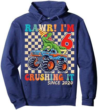 6th Birthday Monster Truck Dinosaur Party Boys Rawr I'm 6 Hoodie - Hoodie | Navy