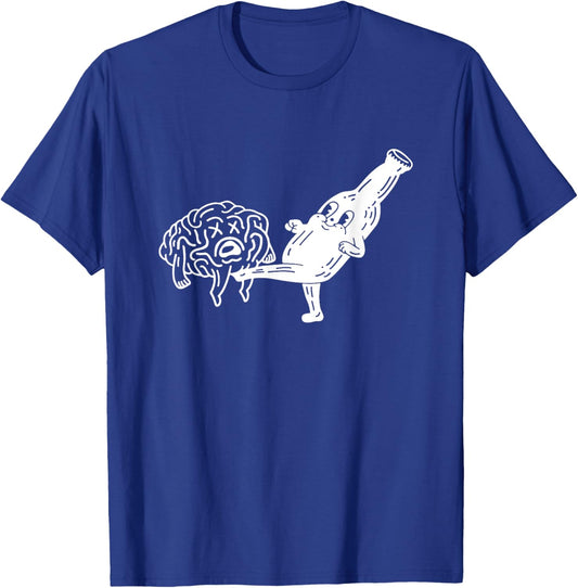 Smiling Beer Bottle Kicking Brain T-Shirt - T-Shirt | Royal