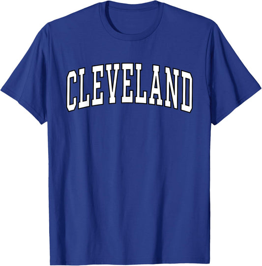 Cleveland Apparel . Co - Vintage Varsity Arched Text Cleveland - Adults - Red - Small - Short Sleeve - Polyester 100% - - Retro - Letter Print T-Shirt - T-Shirt | Royal
