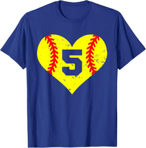 Softball Number 5 Jersey Funny Softball Heart Game Day T-Shirt - T-Shirt | Royal