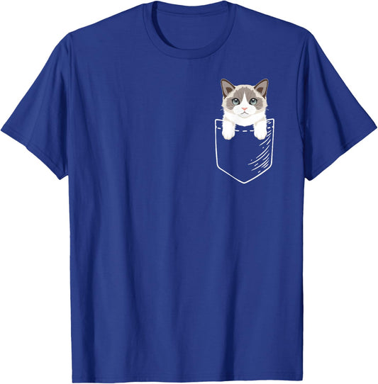 Girls Kids Cute Pocket Ragdoll Cat Lover T-Shirt - T-Shirt | Royal
