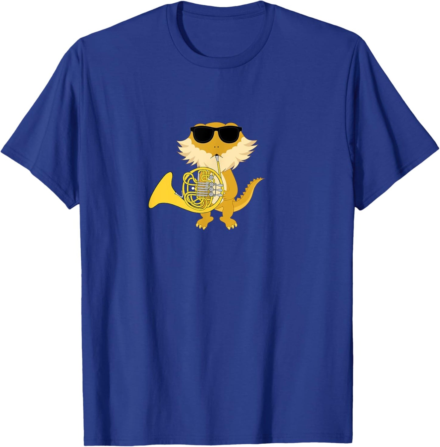 Funny Bearded Dragon Wearing Sunglasses Playing French Horn T-Shirt - T-Shirt | Royal