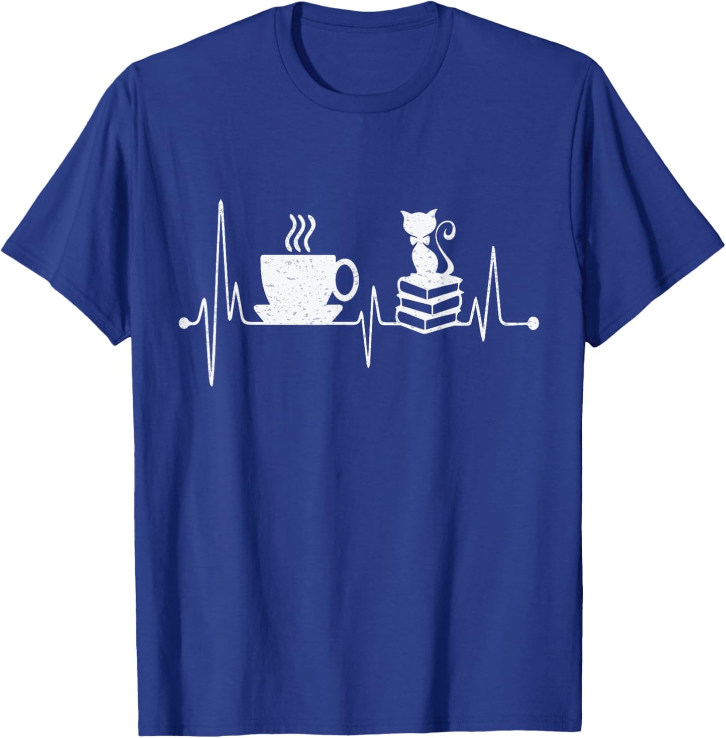 Cat Book Coffee Lover Heartbeat Cat Lover Book Lover T-Shirt - T-Shirt | Royal