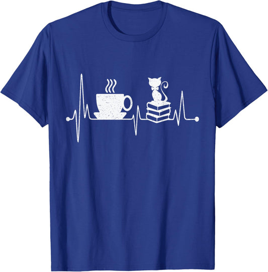 Cat Book Coffee Lover Heartbeat Cat Lover Book Lover T-Shirt - T-Shirt | Royal