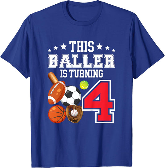Kids 4th Birthday Sports Birthday Theme 4 Year Old Boy T-Shirt - T-Shirt | Royal