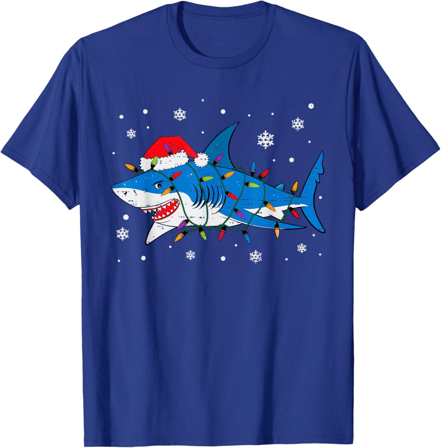Shark Santa Hat Christmas Lights Xmas Pajama Men Women Kids T-Shirt - T-Shirt | Royal