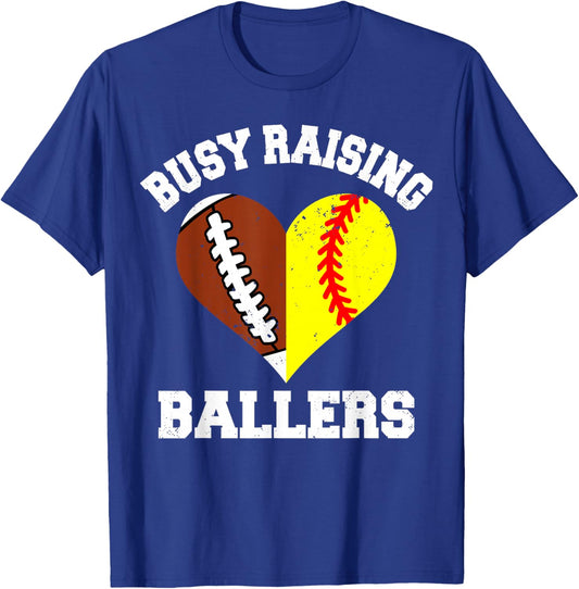 Busy Raising Ballers Football Softball Heart Mom Game Day T-Shirt - T-Shirt | Royal