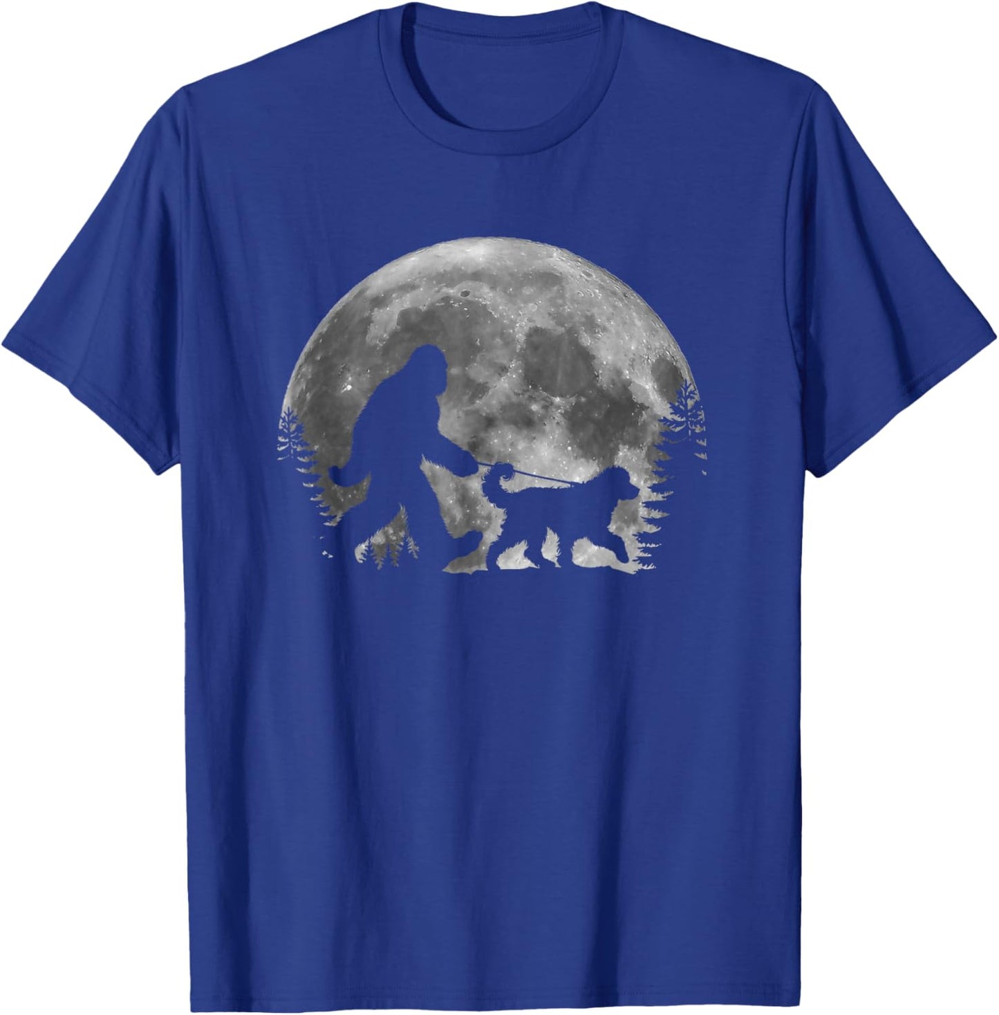 Bigfoot Walking a Dog Funny Bernedoodle Lover Moon Halloween T-Shirt - T-Shirt | Royal