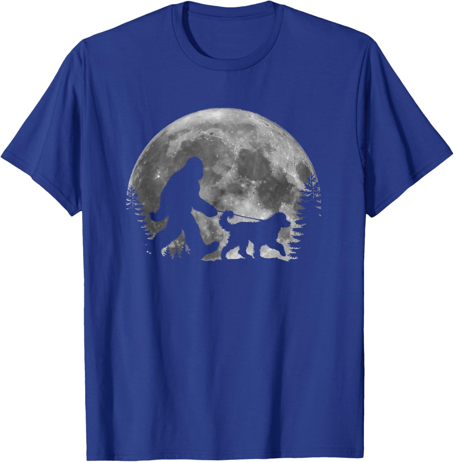 Bigfoot Walking a Dog Funny Bernedoodle Lover Moon Halloween T-Shirt - T-Shirt | Royal