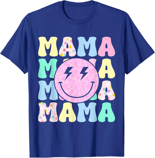Retro Groovy Mama Leopard Happy Face Aesthetic Y2K Mother T-Shirt - T-Shirt | Royal