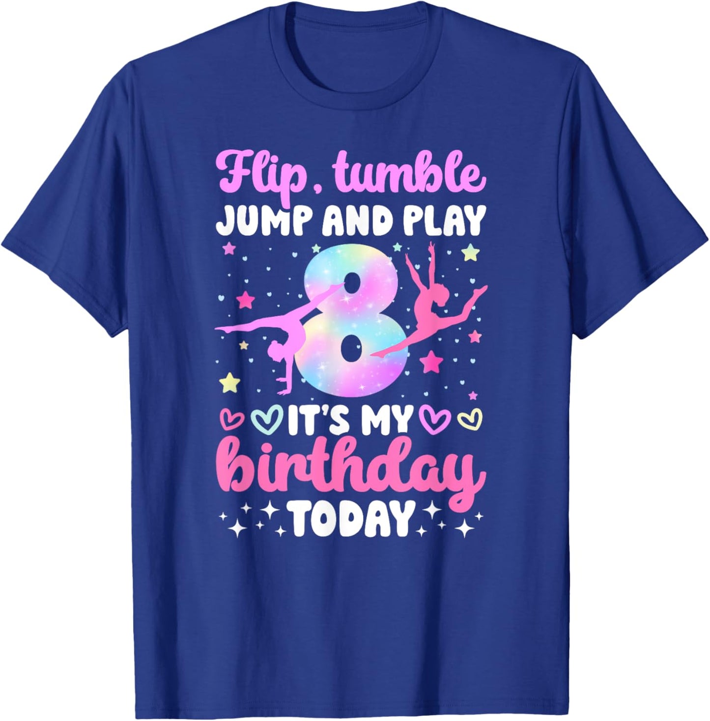 8th Gymnastics Birthday Party Eight Year Old Gymnast Girl T-Shirt - T-Shirt | Royal