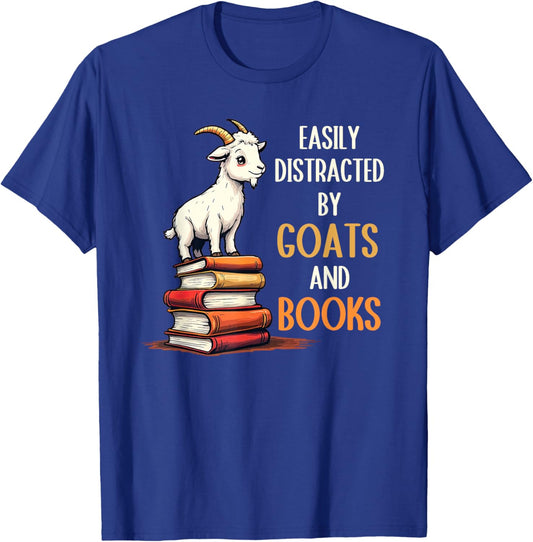 Easily Distracted By Goats And Books, Goats And Book Reading T-Shirt - T-Shirt | Royal