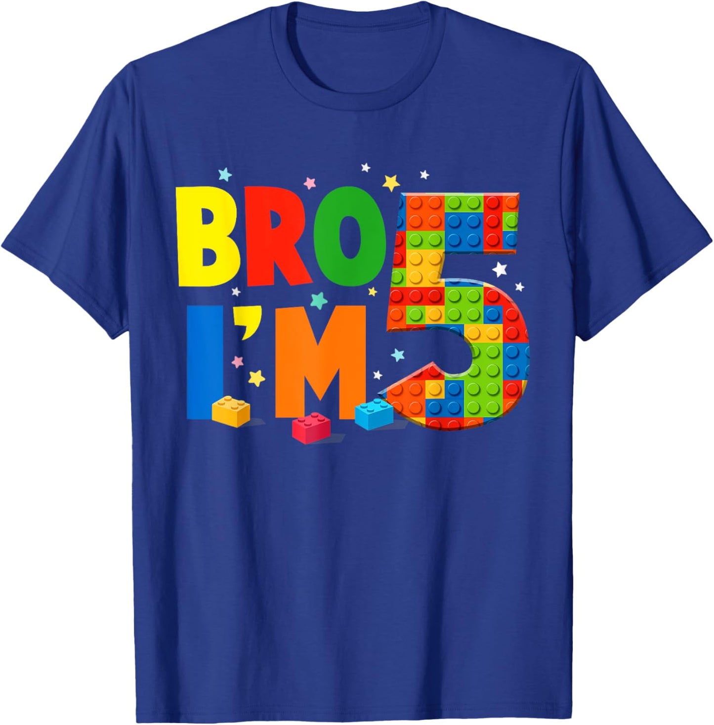Birthday Boy Shirt Bro I’m 5 Year Old Building Blocks Brick T-Shirt - T-Shirt | Royal