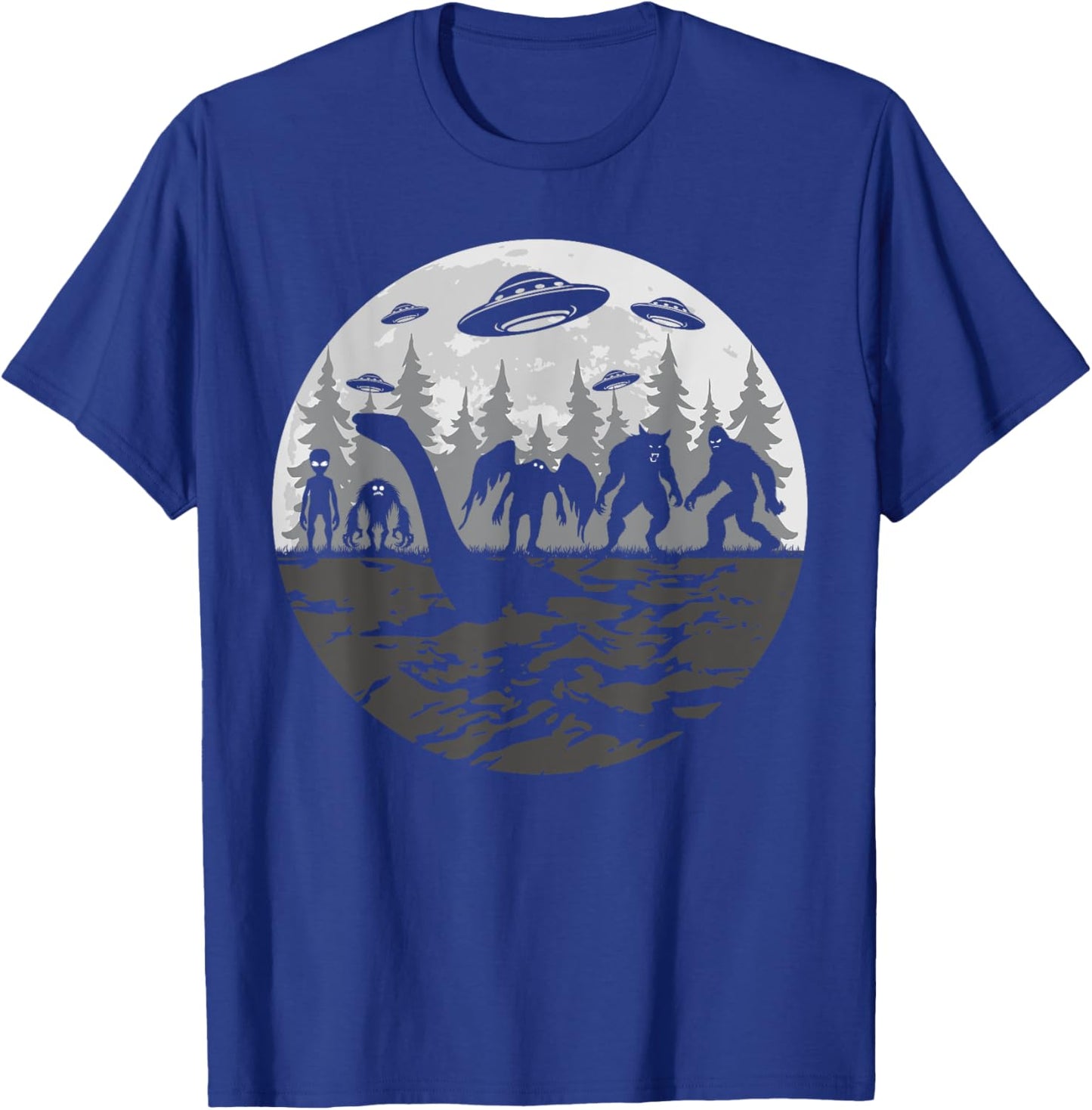 Bigfoot Loch Ness Monster With Mothman Aliens! Funny Cryptid T-Shirt - T-Shirt | Royal
