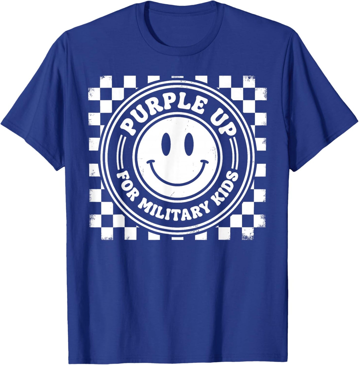 Checkered Purple Up for Military Kids Smile Face Boys Girls T-Shirt - T-Shirt | Royal