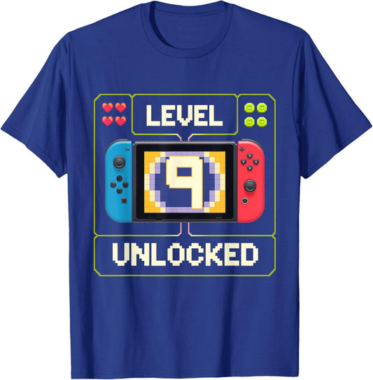 Level 9 Unlocked 9th Birthday Shirt Video Game 9 Year Old T-Shirt - T-Shirt | Royal